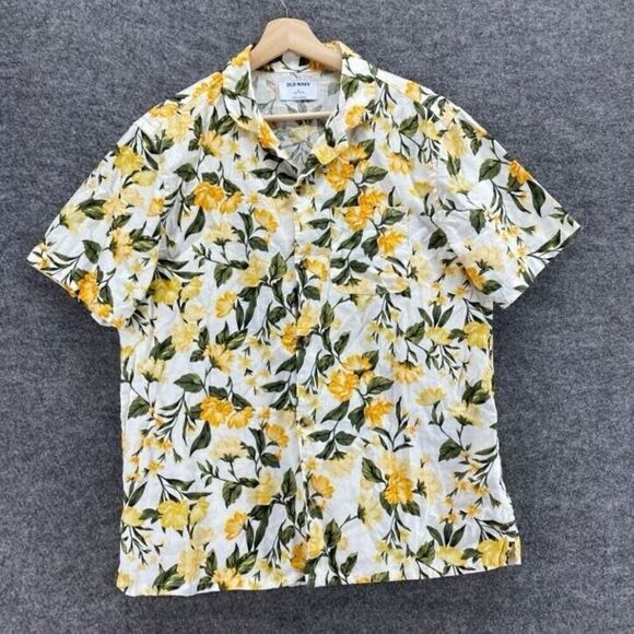 Old Navy Shirt Men M Medium White Floral Button Up Collared Linen Short Sleeve - Picture 3 of 9
